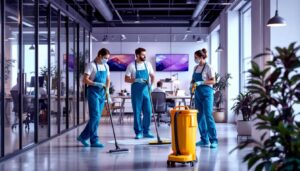 A photograph of a professional cleaning team in action