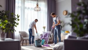 A photograph of a professional cleaning team in action