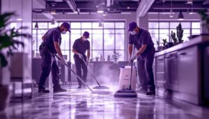 A photograph of a professional janitorial team in action