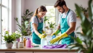 A photograph of a professional house cleaning team in action