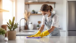 A photograph of a professional cleaner meticulously preparing a short-term rental space in davidson